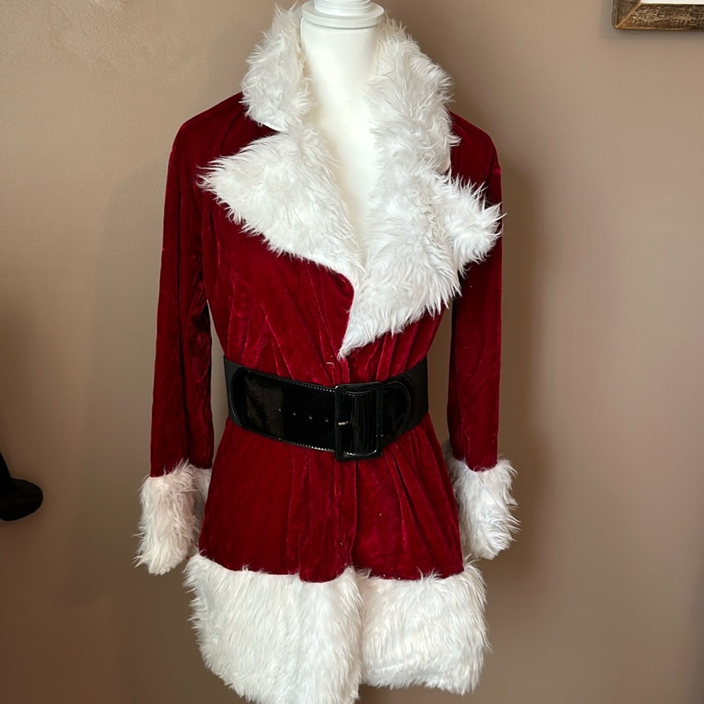 Mrs. Claus velvety jacket with a convenient Velcro closure. Festive Holiday!